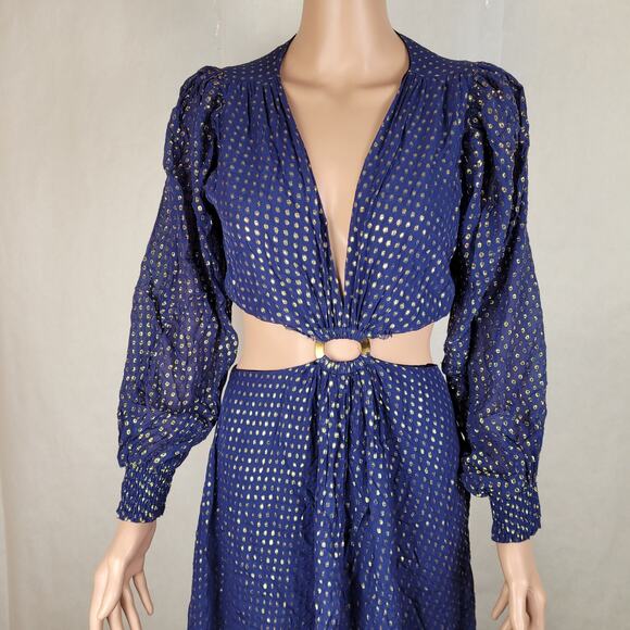 Delfi Collective Cerise navy blue metallic gold polka dot silk dress medium - Picture 7 of 15